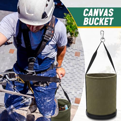 2 Pack Canvas Bucket 15" x 12" Heavy Duty Lineman Tool Bag with Plastic Bottom & Metal Hook Electrician Tool Organizer for Jobsite Use, Load Rated up to 150 Pounds (Army Green) - color: Army Green