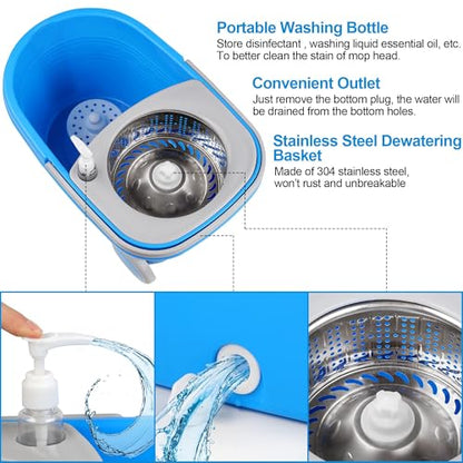 Spin Mop and Bucket with Wringer Set, 3 Washable Microfiber Pads Included for Floor Cleaning, Adjustable Stainless Steel Handle, Easy Moving with Wheels, Blue - color: Blue