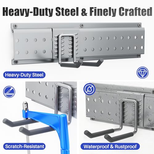 Garage Tool Organizer Wall Mount 66 inches with 13 Adjustable Heavy-Duty Hooks, Garage Organization, Garden Tool Storage Rack, Yard, and Shed, Holds Up to 520 lbs (Grey) - size: 66" | 4 Panels + 13 Hooks