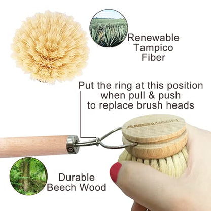 AMERWASH PLUS Dish Brush with Wooden Handle, Natural Kitchen Brush for Dishes Vegetable, Pots and Pans, Tampico Fiber Bristles Scrubber, Extra 3 Pack Replacement Head Included - size: 4 Piece Brush Set with Replacement Heads