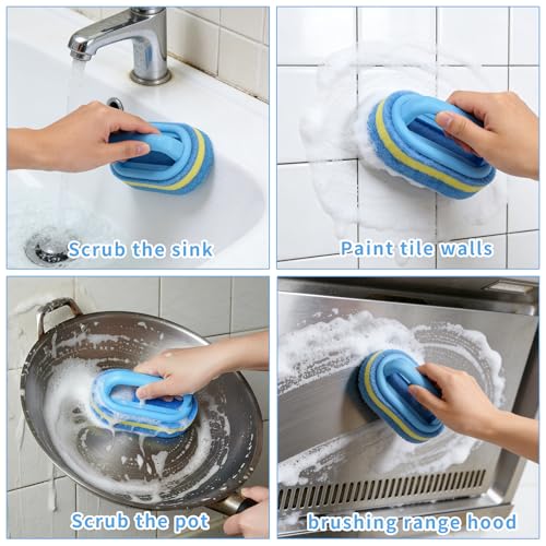 Shower Scrubber with Handle - Bathroom Cleaning Sponge Brush for Bathtub, Tile, Toilet & Kitchen Sink - Heavy Duty Scrub Pad, Ergonomic Grip, Blue (1 Pack)