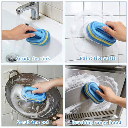 Shower Scrubber with Handle - Bathroom Cleaning Sponge Brush for Bathtub, Tile, Toilet & Kitchen Sink - Heavy Duty Scrub Pad, Ergonomic Grip, Blue (1 Pack)