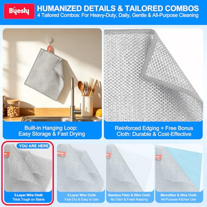 Non-Scratch Silver Mesh Dish Cloths, 12+1 Pack 3-Layer Metallic Fiber Cleaning Cloths for Kitchen, Diamond Weave Scrubber Pads for Dishes, Sinks & Cookware (7.87x7.87 Inches) - style: 3-Layer Silver Mesh