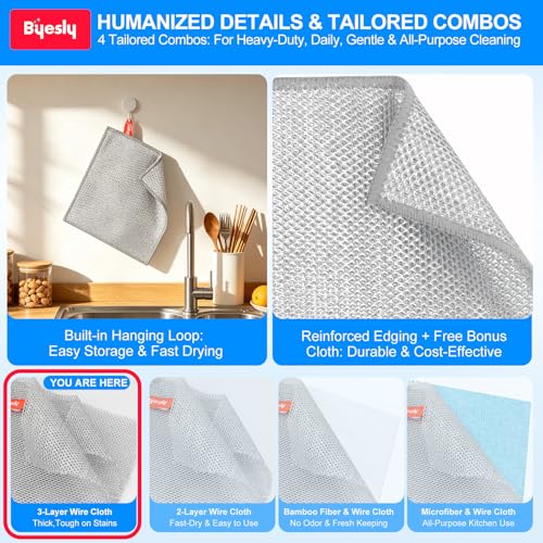 Non-Scratch Silver Mesh Dish Cloths, 12+1 Pack 3-Layer Metallic Fiber Cleaning Cloths for Kitchen, Diamond Weave Scrubber Pads for Dishes, Sinks & Cookware (7.87x7.87 Inches) - style: 3-Layer Silver Mesh