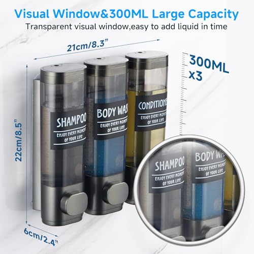 Shampoo and Conditioner Dispenser,GlintGath Shower Dispenser 3 Chamber No Drill Shampoo Dispenser for Shower Wall Mounted Shower Soap Dispenser for Bathroom Hotel,3 * 300ML,Gun Gray - color: Gun Gray 3 Chamber