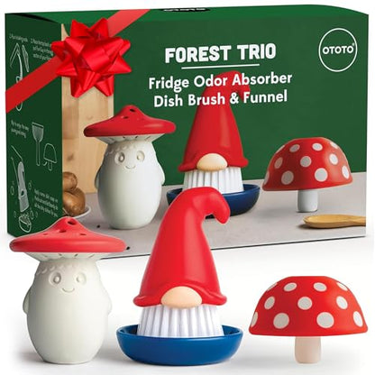 OTOTO Forest Trio Bundle of Beardy, Magic Mushroom, Fun Guy - Gnomes Dish Brush, Fungilicious Kitchen Funnel, Fridge Deodorizer, Mushroom Decor Cute Kitchen Accessories, Unique Mushroom Gnome Gifts - style: Forest Trio