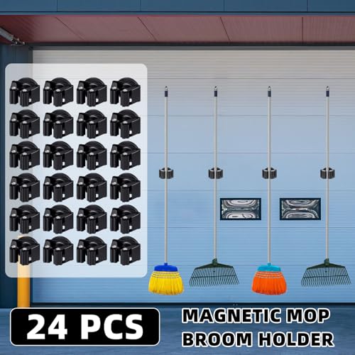 Vercraft 24 Pcs Magnetic Mop Broom Holder Movable Magnetic Broom Holder Rack, Anti Slip Wall Mounted Utility for Cleaning Tools, Garage, Kitchen, Laundry, Garden (Black) - color: Black