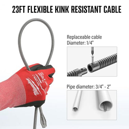 POPULO 120V Auto Feed Drain Auger,23 FT Drain Snake Suitable For 3/4"-2" Pipes For Unclogging Sinks,Shower Floor Drain and Outdoor Drain Pipe.Plumbers Snake Cleaner Include Glove,Cloth Bag