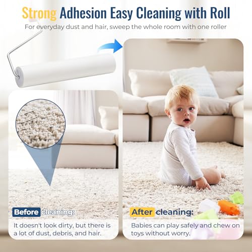 Lint Rollers for Pet Hair Extra Sticky, 9.45" Wide Large Lint Roller, 240 Adhesive Sheets Rollers, 65" Long Handle Sticky Mop for Carpets, Floor, Couch, Bed Sheets, Home Cleaning, Loving Pet Owners - size: 65" (1 Roller + 4 Refills (Wide: 9.45 in)