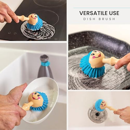 Vigar Dolls Dish Brush with Handle and Holder - Dish Scrubber Brush for Dishes and Pans, Kitchen Scrub Brush, Dishwashing Brush for Kitchen Sink Cleaning, Cute Standing Dish Brush Design - Gray, Blue - color: Gray, Blue