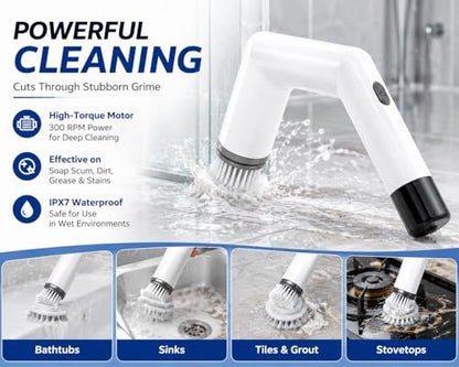 Electric Spin Scrubber Cordless Cleaning Brush, USB Rechargeable Power Scrubber for Bathroom, Kitchen, Tile, Grout, Sink & Shower Cleaning, 4 Replaceable Brush Heads, Portable Handheld Cleaning Tool