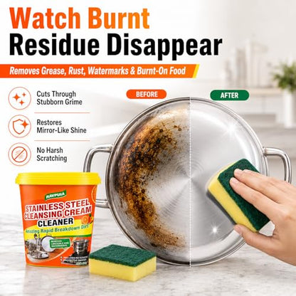 STAINLESS STEEL CLEANER & POLISH - Heavy Duty Cleaning Paste for Stove, Oven, Pans, Cookware, Sink | All Purpose Multi-Purpose Household Cleaner | Removes Grease & Stains | with 2 Sponges (500g)