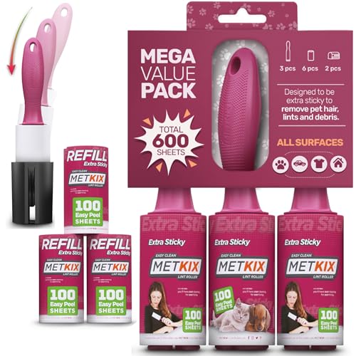 Lint Rollers for Pet Hair Extra Sticky | Protective Covers | Mega 600 Sheets Dog Cat Pet Hair Remover | Lint Roller for Clothes Sofa Bed Carpet and More | Lint Roller Refills - size: 3 Rollers + 3 Refills (Total 600 Sheets)