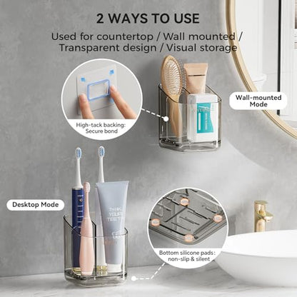 Toothbrush Holders for Bathrooms, 3 Slots Detachable Electric Toothbrush Holder Wall Mounted with Divider, Removable Tooth Brush and Toothpaste Holder Organizer for Bathroom/Kitchen/Office - color: Grey*2