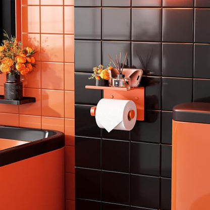 Tindbea Toilet Paper Holder with Shelf Adhesive or Screw Wall Mounted Toilet Paper Roll Dispenser Storage, Stainless Steel Bathroom Shelf Holder Accessories (Crimson) - color: N-crimson