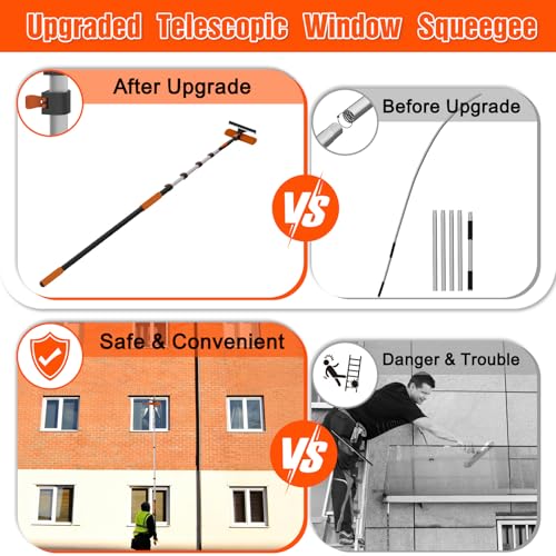 Window Squeegee Kit with Extension Pole, 2-in-1 Professional Washer for High Windows, 3-12FT Adjustable Reach, Rotatable Head for Indoor & Outdoor Use, Streak-Free Cleaning Tool for Home