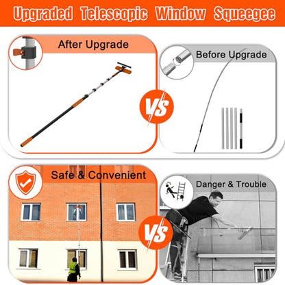 Window Squeegee Kit with Extension Pole, 2-in-1 Professional Washer for High Windows, 3-12FT Adjustable Reach, Rotatable Head for Indoor & Outdoor Use, Streak-Free Cleaning Tool for Home