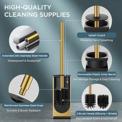 FORIOUS Toilet Brush and Holder Set, SUS304 Stainless Steel Square Base, Extended Long Handle, Drip-Proof & Space Saving, 2 Replaceable Brush Heads, Plastic & Silicone Dual Brush Head, Drak Gold - color: Brushed Gold