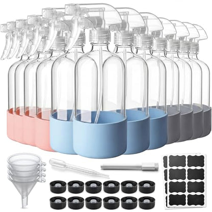 GIRAVO Glass Spray Bottles for Cleaning, 12 Pack 16 oz Refillable | Glass Mister Bottles, Silicone Sleeves, Adjustable Nozzles, Labels & Funnel Included, For Home, Plants, Hair