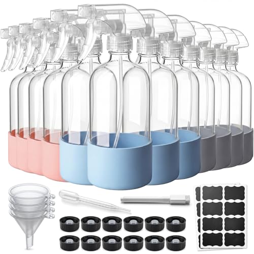 GIRAVO Glass Spray Bottles for Cleaning, 12 Pack 16 oz Refillable | Glass Mister Bottles, Silicone Sleeves, Adjustable Nozzles, Labels & Funnel Included, For Home, Plants, Hair