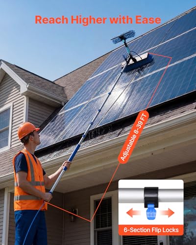 VEVOR Solar Panel Cleaning Kit, 39 ft, Water Fed Pole Kit with Cleaning Brush, Soap Dispenser, Extendable Aluminum Telescopic Pole, 180° Rotatable Brush Head, for Roof Mounted Solar Panels, Windows - size: 39 Ft