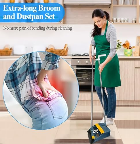 Broom and Dustpan Set 50" Long Handle Foldable Stand Up Broom and Dustpan with Comb Teeth for Indoor & Outdoor Sweeping Home Dog Cat Pets (Blue) - color: Blue