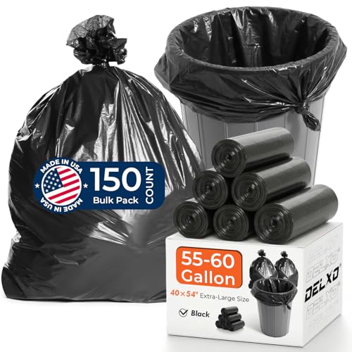 Delxo 55-60 Gallon Trash Bags, 150 Count, 40×54'' Large Black Garbage Bags – Light-to-Medium Duty Star-Seal Can Liners for Commercial, Lawn and Leaf Bags – Bulk Value Pack, Made in USA - color: 60Gal-150Ct(Black)