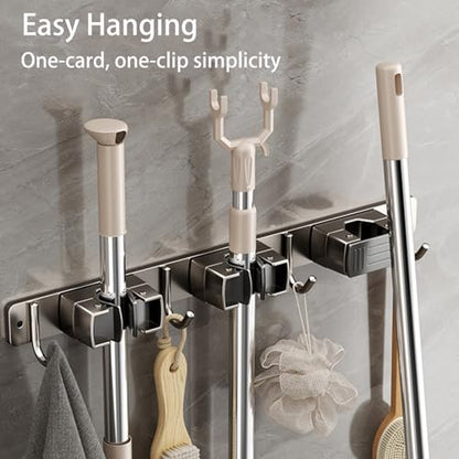 Wall-Mounted Broom Holder Stainless Steel Mop Storage Rack Laundry Room Storage Solution Suitable for Kitchens, Gardens,Garages (Option C: 4 clips with 5 hooks) - color: Option C: 4 clips with 5 hooks