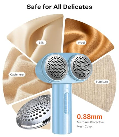 TORRAS Dual-Head Fabric Shaver, Longest Durability & 50ml Large Capacity Rechargeable Lint Removers to Remove Pills, 6-Leaf Blades Defuzzer, Electric Shaver for Clothes Couch Furniture, Blue - color: Light Blue