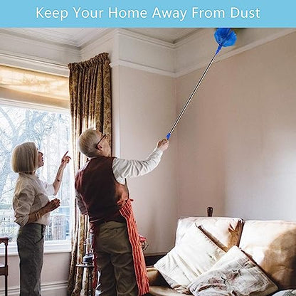 Cobweb Duster with Extension Pole, 30-100 Inch Long Handle Stainless Steel Telescoping Pole, Washable Duster with Medium-Stiff Bristles for Ceiling Fan, High Ceilings, Blinds, Furniture, Kitchen, Home