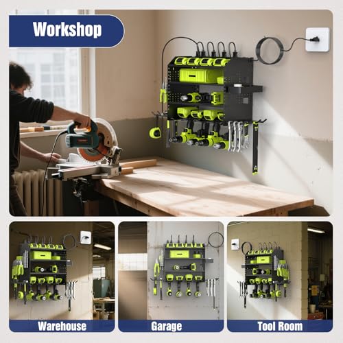 Heavy Duty Power Tool Organizer Wall Mount with Charging Station, 4 Layer Garage Storage Adjustable Shelves Height, Holds 4 Drills, 2 Hooks, Screw & Screwdriver box, Gifts for Fathers Day, Anniversary - color: Black
