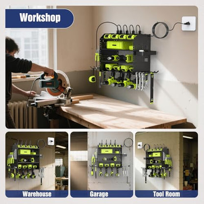 Heavy Duty Power Tool Organizer Wall Mount with Charging Station, 4 Layer Garage Storage Adjustable Shelves Height, Holds 4 Drills, 2 Hooks, Screw & Screwdriver box, Gifts for Fathers Day, Anniversary - color: Black