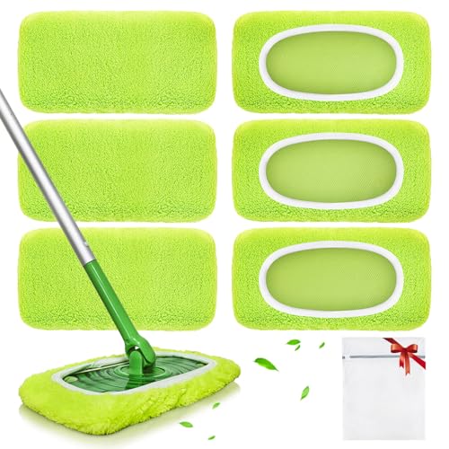 Reusable Mop Pads fit Swiffer Sweeper Mop - Microfiber Wet Pads Refill & Machine Washable Dry Sweeping Cloths for Mopping All Sealed Floors - Hardwood, Laminate, Tile & Stone (Mop is not Included) - color: Yellow-green, size: 6 Pack