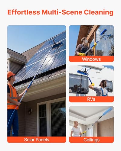 VEVOR Solar Panel Cleaning Kit, 15 ft, Water Fed Pole Kit with Cleaning Brush, Squeegee, Soap Dispenser, Extendable Aluminum Telescopic Pole, 180° Rotatable Brush Head, for Roof Mounted Solar Panels - size: 15 Ft