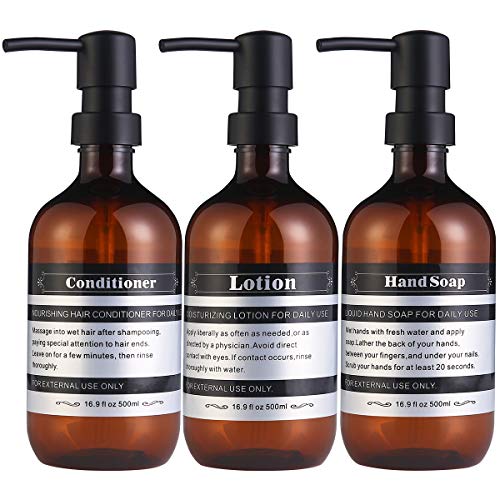 Dispenser Bottle for Bathroom Kitchen Refillable for Shampoo Conditioner Hand Dish Soap Lotion Oil Shower Soap Bottles with Pump, 17oz, 500ml, 3 Pack (Without wall Mount, Amber) - color: Amber, size: Without wall mount