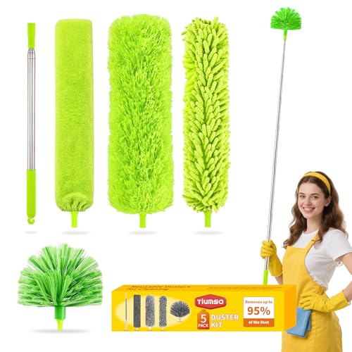 Tiumso Duster with Extension Pole 100 inch Extendable Reusable Dusters for Cleaning 5-in-1 Anti-Spin Dusting Kits for High Ceiling Fans, Cobwebs & Vents, Reinforced Stainless Steel Telescopic Handle - color: Lime Green