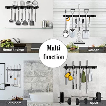 AceMining 2 Pack Black 5 Racks and 4 Hooks Mop and Broom Holder Wall Mount, Broom Organizer Storage Tool Racks Stainless Steel Heavy Duty Hooks Self Adhesive Solid Non-slip for Home Kitchen Garden - color: 5 Racks & 4 Hooks (Black) - 2 Pack