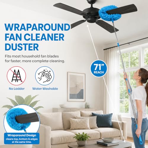 Ceiling Fan Cleaner Duster Kit 72 Inch Ceiling Fan Duster Extension Pole 8-in-1 Microfiber Duster Set for High Ceilings, Fan Blades, and Lights Reusable Cleaning Tools with Storage Bag
