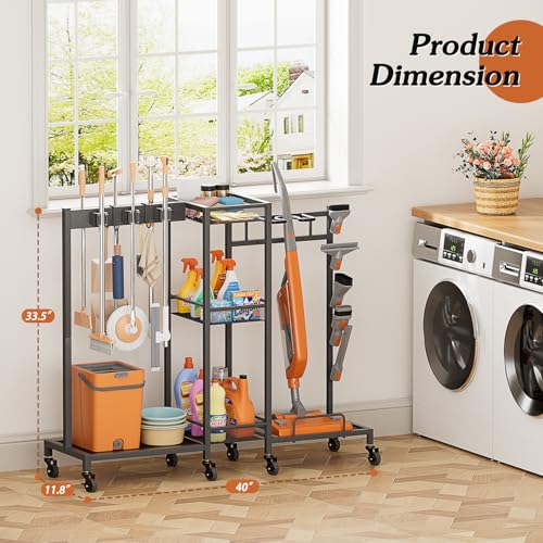 Broom Holder with Cleaning Supplies Organizer, Broom Closet Storage Cabinet with Cleaning Caddy Vacuum Stand, Cleaning Cart with Mop Hanger Gripper Rack Hook, Laundry Room Organization Home Essentials - color: Black