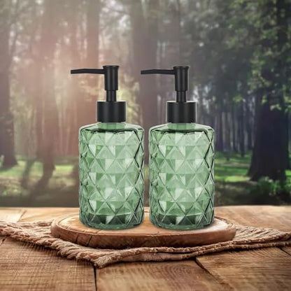 Clear Green Glass Soap Dispenser with Pump, 12oz Diamond Design Hand Soap Dispenser, Refillable Lotion Dispenser & Dish for Dishwashing Liquid, Shower Gel - color: Diamond Green