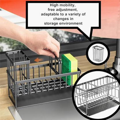 Kitchen Sink Caddy Organizer with Tall Brush Holder – Rustproof 304 Stainless Steel Sponge Rack, Soap Dispenser Tray for Countertop, Modern Kitchen Accessories & Storage