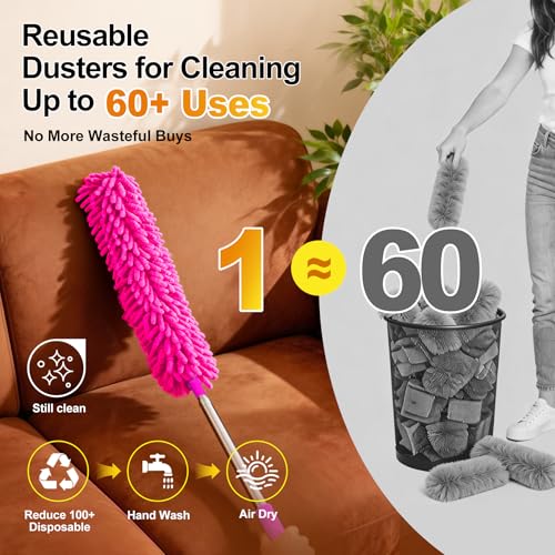 Tiumso 5-in-1 Duster with Extension Pole 100 inch Extendable Dusters for Cleaning Anti-Spin Reusable Dusting Kits for High Ceiling Fans, Cobwebs & Vents, Reinforced Stainless Steel Telescopic Handle - color: Rose Red