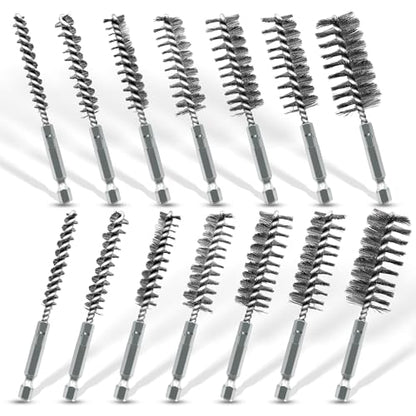 14Pcs Stainless Steel Bore Brush, Wire Brush for Drill with 1/4 Inch Hex Shank ,Abrasive Wire Bore Brush for Power Drill Cleaning,Drill Brush Set,Steel Brush for Drill in 7 Size(5/16"-1")