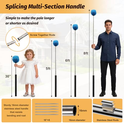 Cobweb Duster Brush with Extension Pole, Lightweight 5ft Long Spider Web Cobwebs Ceiling Fan Dust Cleaning Brush Kit with Washable Head,for Ceiling Fan, Furniture, Eaves,Vent, Roof House Cleaning - size: 5FT