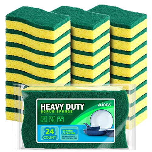 AIDEA Sponges Kitchen, Heavy Duty Scrub Sponge-24Count, Sponges for Dishes, Cellulose Dish Sponge, Scrubbing Power for Tough Messes, Cleaning Power for Non-Coated Cookware, Dishes, Pots, Pans - color: Green