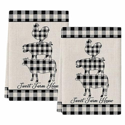 Farm Buffalo Plaid Kitchen Towel Set of 2, Absorbent Microfiber Hand Towels for Kitchen Bathroom Bar Decorative Pig Cow Chicken Ultra Soft Resuable Cleaning Cloths Washable Fast Drying - size: 2PCS-18" x 28"