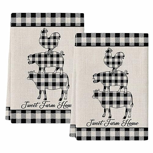Farm Buffalo Plaid Kitchen Towel Set of 2, Absorbent Microfiber Hand Towels for Kitchen Bathroom Bar Decorative Pig Cow Chicken Ultra Soft Resuable Cleaning Cloths Washable Fast Drying - size: 2PCS-18" x 28"