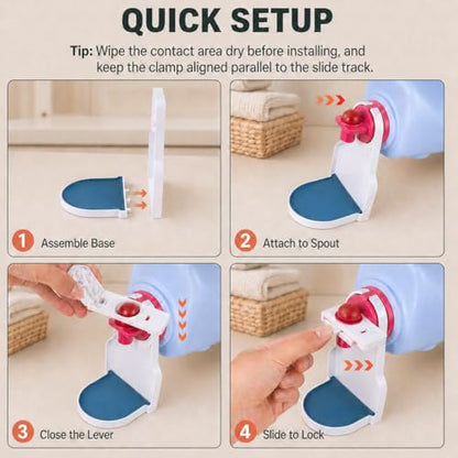 2-Pack Laundry Detergent Cup Holder & Fabric Softener Drip Catcher, Easy-Press Lever with Secure Spout Clamp, Removable Drip Tray & Non-Slip Pad, Helps Reduce Sticky Residue and Keep Washer Cleaner