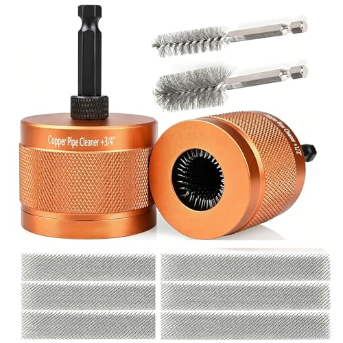 1/2" & 3/4" Copper Pipe Cleaner Set for Drill,Plumbing Tools for Removing Rust, Stains & Paint from Copper & Metal Pipes, with 1/4" Hex Shank & 6 Brush Blades & 2 Pipe Cleaning Brush