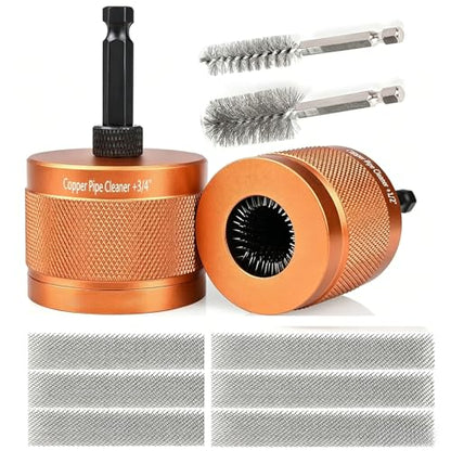 1/2" & 3/4" Copper Pipe Cleaner Set for Drill,Plumbing Tools for Removing Rust, Stains & Paint from Copper & Metal Pipes, with 1/4" Hex Shank & 6 Brush Blades & 2 Pipe Cleaning Brush